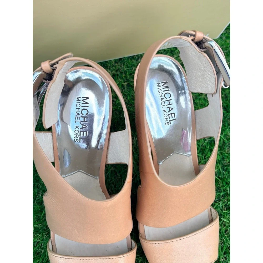 Michael Kors Carla Platform‎ Sandals Taupe Leather Wood Heel 40S1CRHA2L Mens 7.5